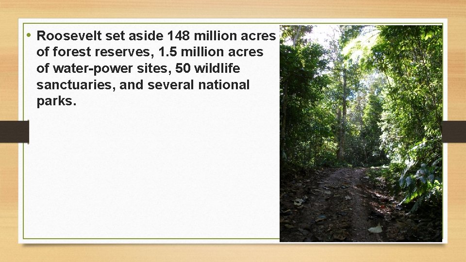  • Roosevelt set aside 148 million acres of forest reserves, 1. 5 million