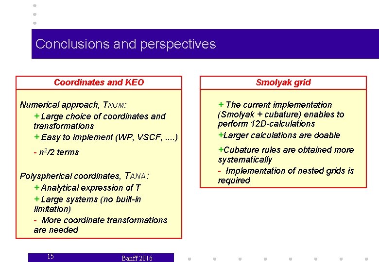 Conclusions and perspectives Coordinates and KEO Smolyak grid Numerical approach, TNUM: + Large choice