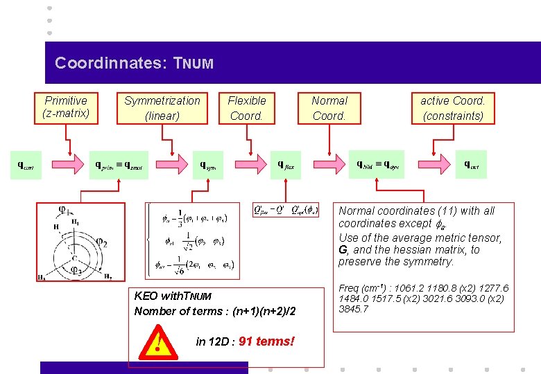 Coordinnates: TNUM Primitive (z-matrix) Symmetrization (linear) Flexible Coord. Normal Coord. active Coord. (constraints) Normal
