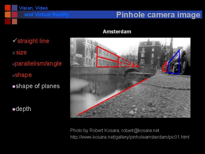 Vision, Video and Virtual Reality Pinhole camera image Amsterdam üstraight line ´size ´parallelism/angle ´shape