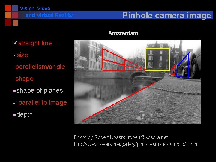 Vision, Video and Virtual Reality Pinhole camera image Amsterdam üstraight line ´size ´parallelism/angle ´shape