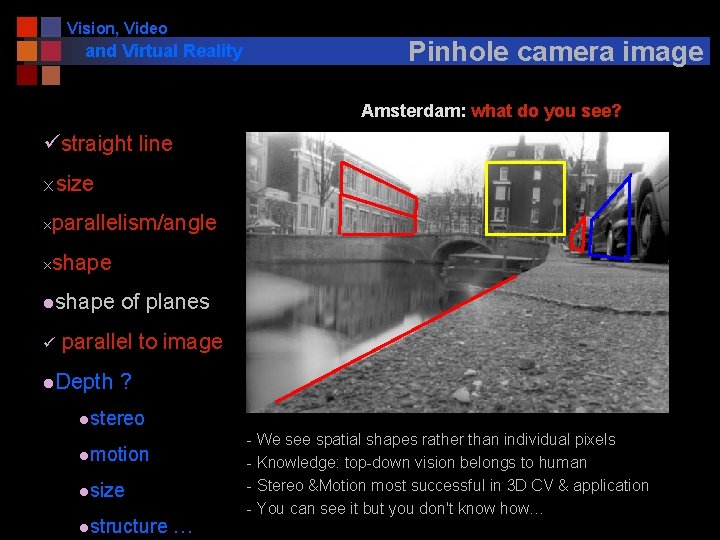 Vision, Video and Virtual Reality Pinhole camera image Amsterdam: what do you see? üstraight