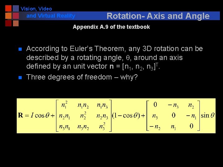 Vision, Video and Virtual Reality Rotation- Axis and Angle Appendix A. 9 of the