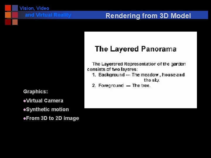 Vision, Video and Virtual Reality Graphics: l. Virtual Camera l. Synthetic l. From motion