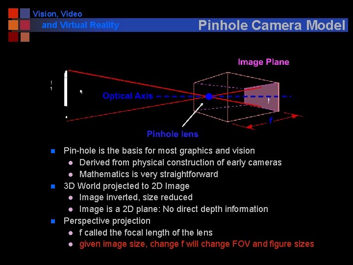 Vision, Video and Virtual Reality n n n Pinhole Camera Model Pin-hole is the