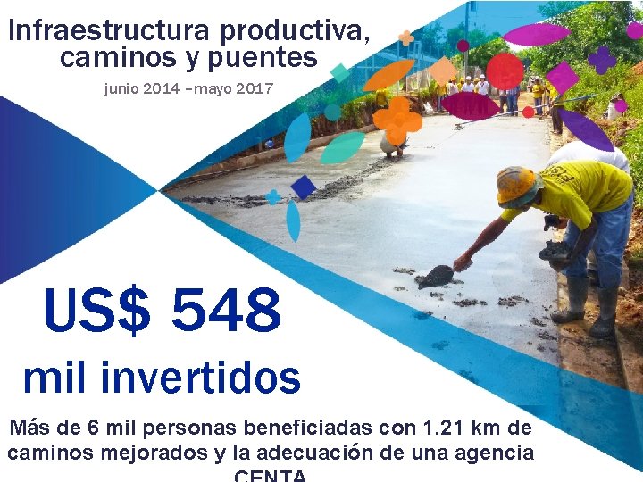 Infraestructura productiva, caminos y puentes junio 2014 –mayo 2017 US$ 548 mil invertidos Más