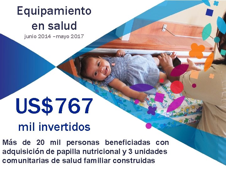 Equipamiento en salud junio 2014 –mayo 2017 US$767 mil invertidos Más de 20 mil