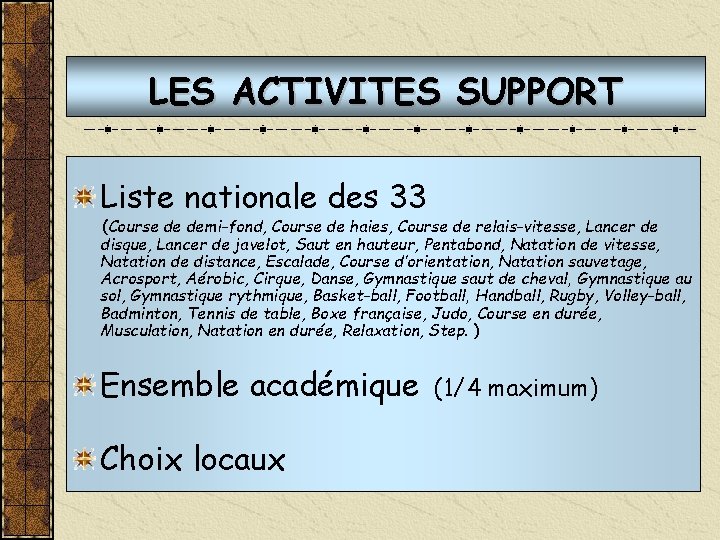 LES ACTIVITES SUPPORT Liste nationale des 33 (Course de demi-fond, Course de haies, Course LES ACTIVITES SUPPORT Liste nationale des 33 (Course de demi-fond, Course de haies, Course