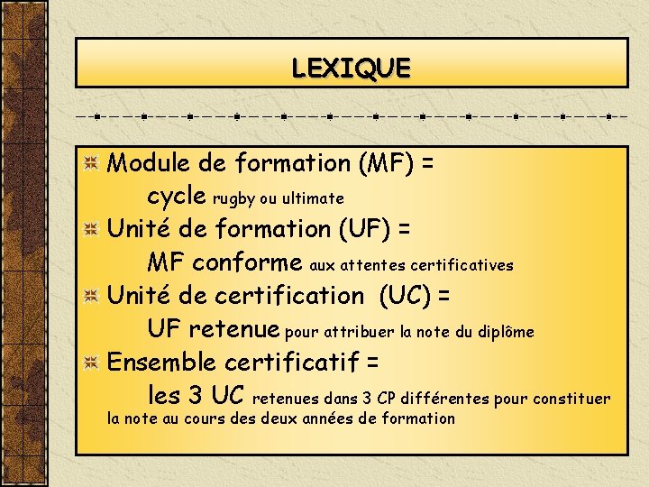 LEXIQUE Module de formation (MF) = cycle rugby ou ultimate Unité de formation (UF) LEXIQUE Module de formation (MF) = cycle rugby ou ultimate Unité de formation (UF)