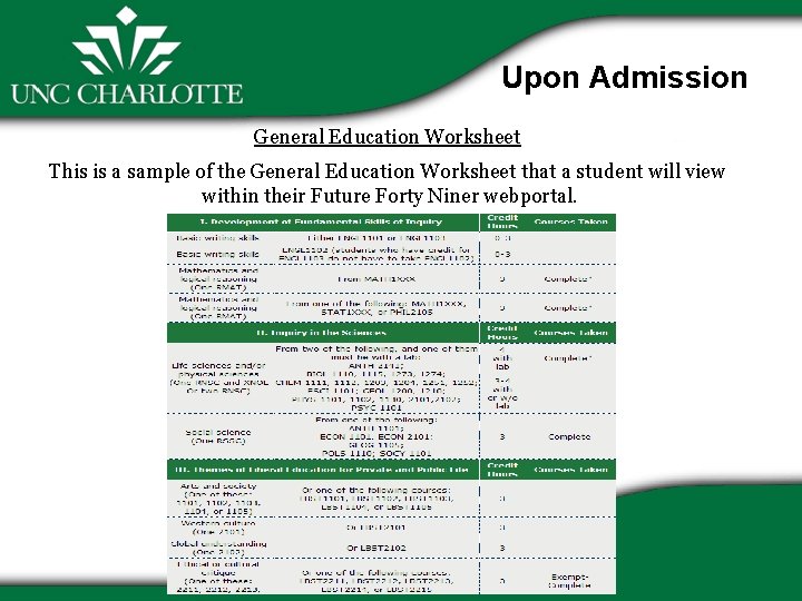 Upon Admission General Education Worksheet This is a sample of the General Education Worksheet