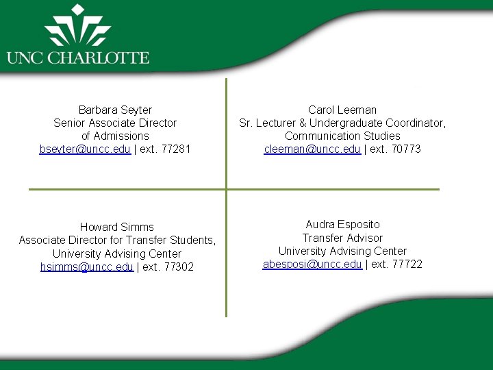 Barbara Seyter Senior Associate Director of Admissions bseyter@uncc. edu | ext. 77281 Howard Simms