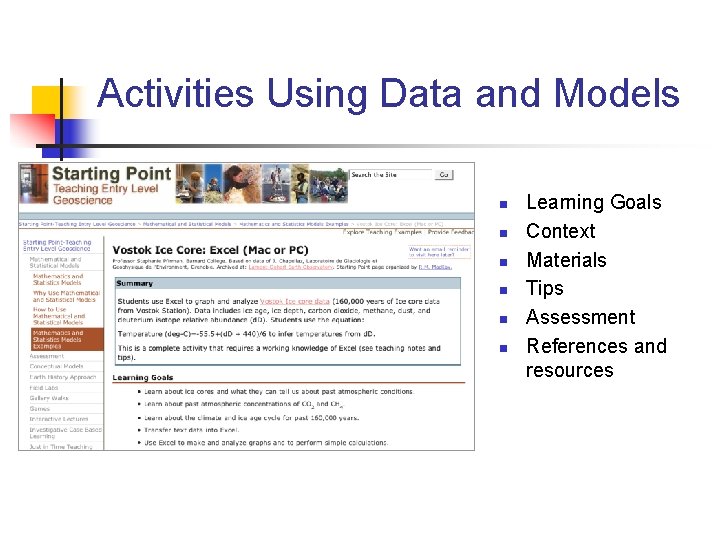 Activities Using Data and Models n n n Learning Goals Context Materials Tips Assessment Activities Using Data and Models n n n Learning Goals Context Materials Tips Assessment