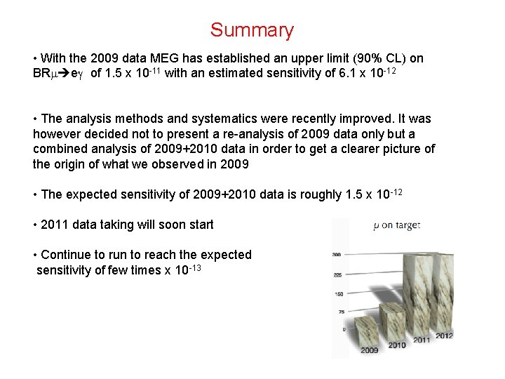 Summary • With the 2009 data MEG has established an upper limit (90% CL)