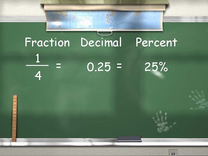 Fraction Decimal 1 = 0. 25 = 4 Percent 25% 