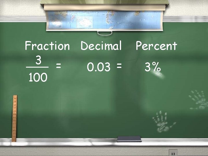 Fraction Decimal 3 = 0. 03 = 100 Percent 3% 