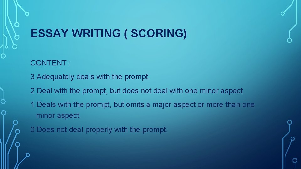 ESSAY WRITING ( SCORING) CONTENT : 3 Adequately deals with the prompt. 2 Deal