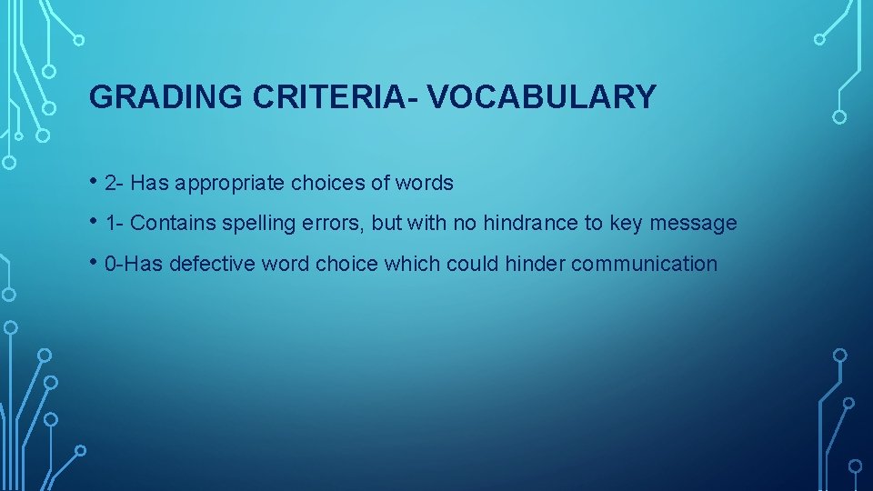 GRADING CRITERIA- VOCABULARY • 2 - Has appropriate choices of words • 1 -