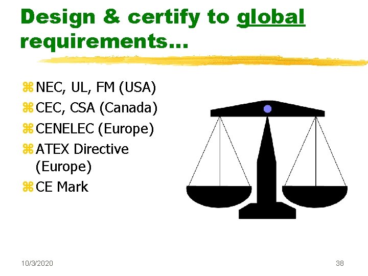 Design & certify to global requirements. . . z NEC, UL, FM (USA) z