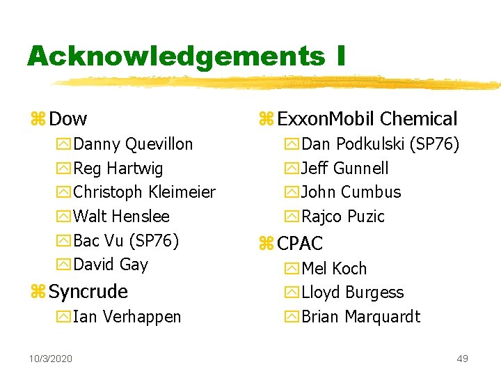 Acknowledgements I z Dow y. Danny Quevillon y. Reg Hartwig y. Christoph Kleimeier y.