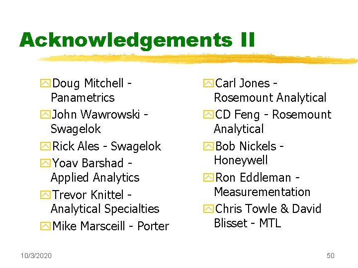 Acknowledgements II y. Doug Mitchell Panametrics y. John Wawrowski Swagelok y. Rick Ales -