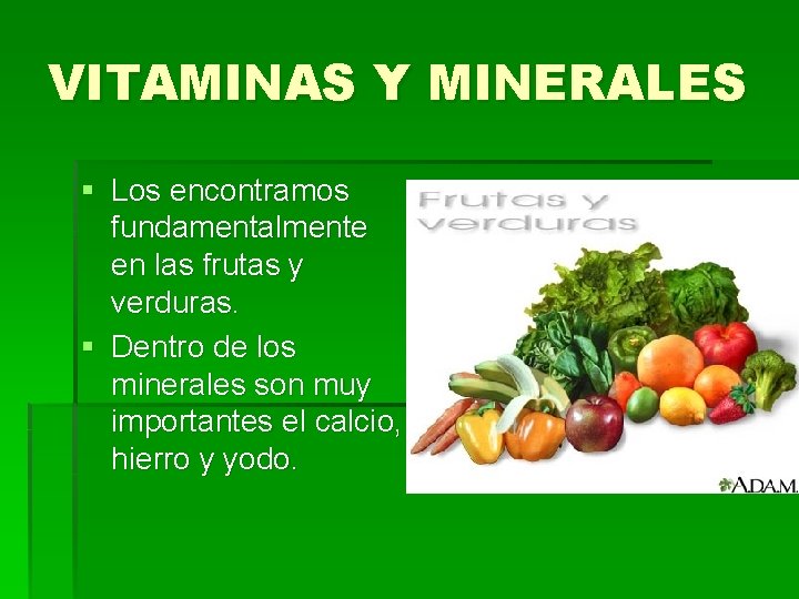 VITAMINAS Y MINERALES § Los encontramos fundamentalmente en las frutas y verduras. § Dentro