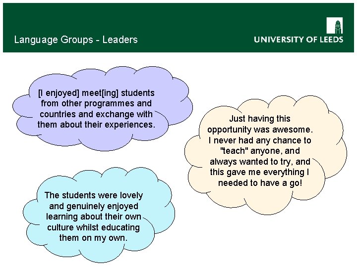 Language Groups - Leaders [I enjoyed] meet[ing] students from other programmes and countries and