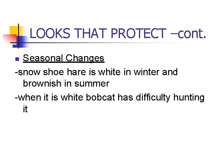 LOOKS THAT PROTECT –cont. Seasonal Changes -snow shoe hare is white in winter and LOOKS THAT PROTECT –cont. Seasonal Changes -snow shoe hare is white in winter and