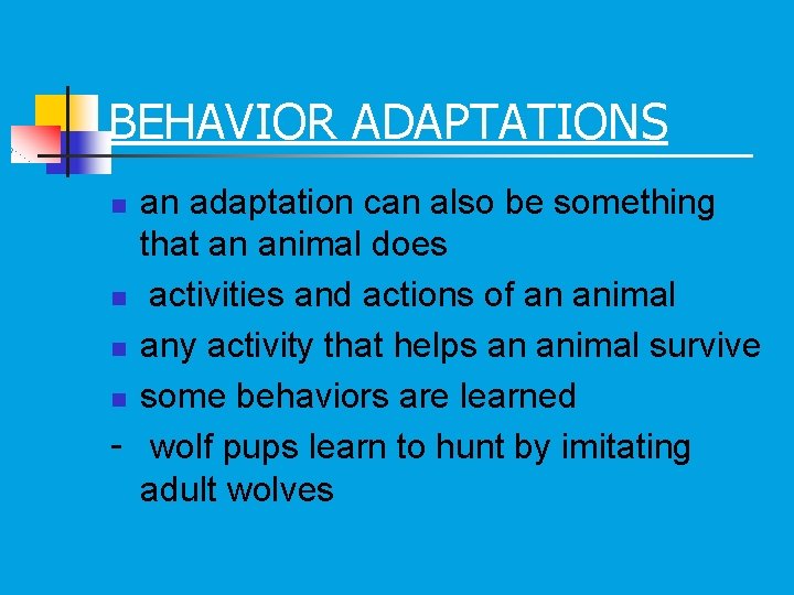 BEHAVIOR ADAPTATIONS an adaptation can also be something that an animal does n activities BEHAVIOR ADAPTATIONS an adaptation can also be something that an animal does n activities