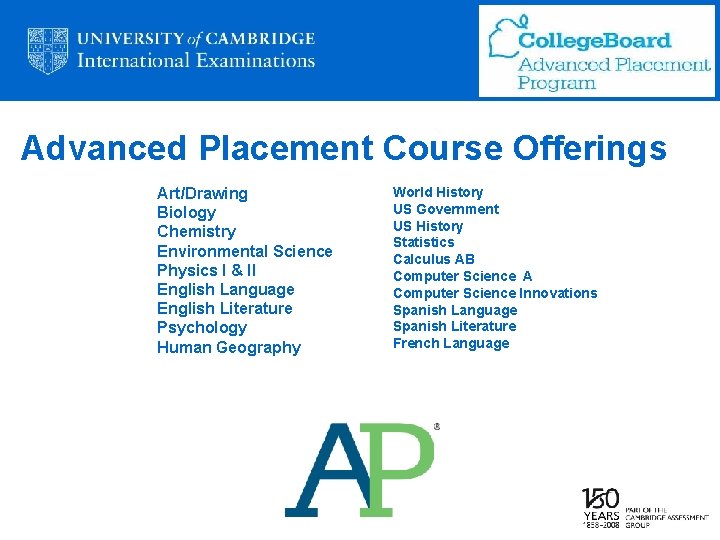 Advanced Placement Course Offerings Art/Drawing Biology Chemistry Environmental Science Physics I & II English