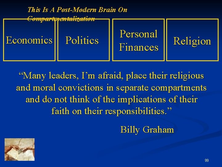 This Is A Post-Modern Brain On Compartmentalization Economics Politics Personal Finances Religion “Many leaders,