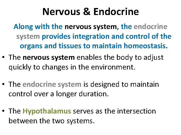 Nervous & Endocrine Along with the nervous system, the endocrine system provides integration and Nervous & Endocrine Along with the nervous system, the endocrine system provides integration and