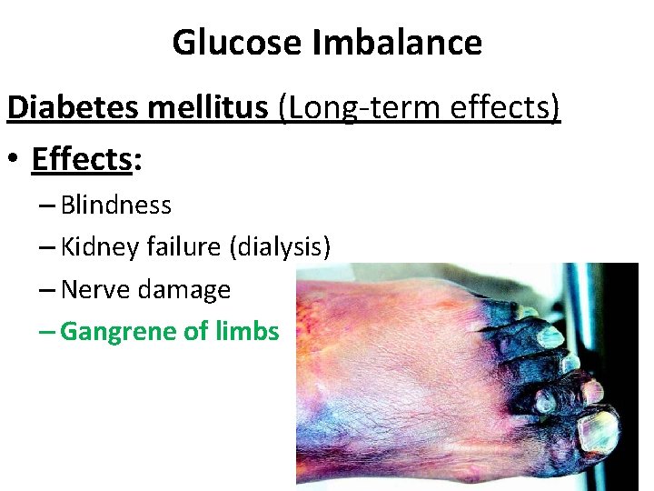 Glucose Imbalance Diabetes mellitus (Long-term effects) • Effects: – Blindness – Kidney failure (dialysis) Glucose Imbalance Diabetes mellitus (Long-term effects) • Effects: – Blindness – Kidney failure (dialysis)