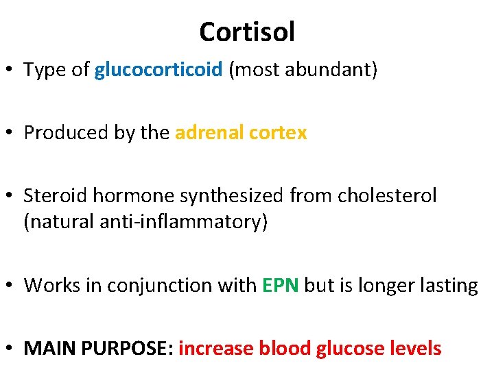 Cortisol • Type of glucocorticoid (most abundant) • Produced by the adrenal cortex • Cortisol • Type of glucocorticoid (most abundant) • Produced by the adrenal cortex •