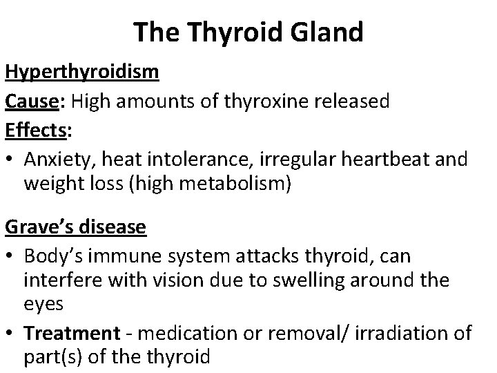 The Thyroid Gland Hyperthyroidism Cause: High amounts of thyroxine released Effects: • Anxiety, heat The Thyroid Gland Hyperthyroidism Cause: High amounts of thyroxine released Effects: • Anxiety, heat