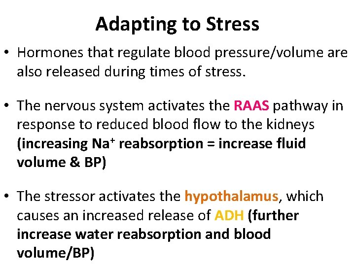 Adapting to Stress • Hormones that regulate blood pressure/volume are also released during times Adapting to Stress • Hormones that regulate blood pressure/volume are also released during times