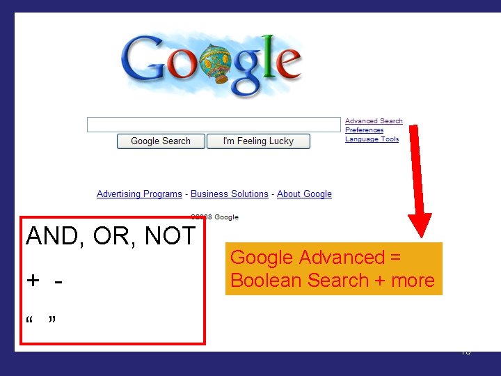 AND, OR, NOT + - Google Advanced = Boolean Search + more “ ” AND, OR, NOT + - Google Advanced = Boolean Search + more “ ”