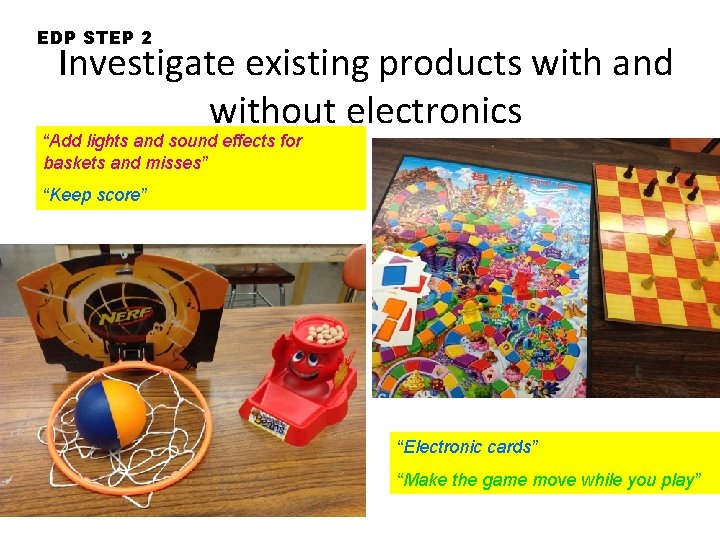 EDP STEP 2 Investigate existing products with and without electronics “Add lights and sound