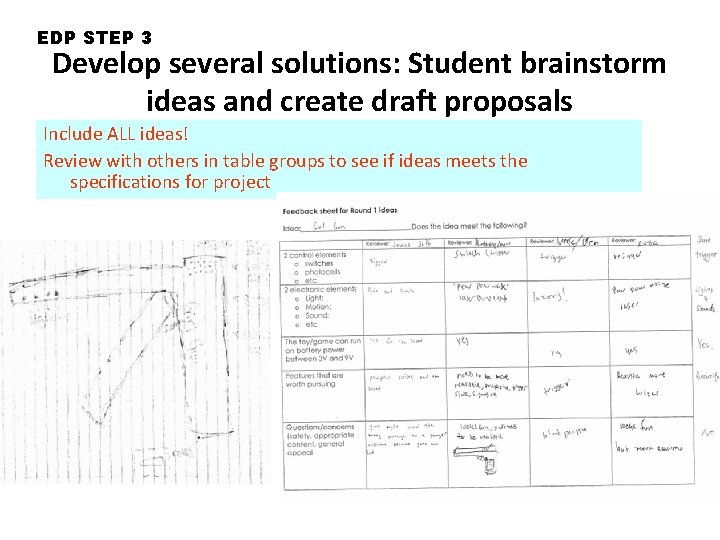 EDP STEP 3 Develop several solutions: Student brainstorm ideas and create draft proposals Include