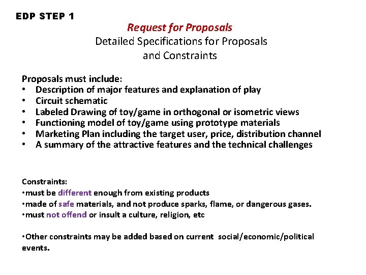 EDP STEP 1 Request for Proposals Detailed Specifications for Proposals and Constraints Proposals must