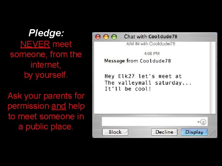 Pledge: NEVER meet someone, from the internet, by yourself. Ask your parents for permission Pledge: NEVER meet someone, from the internet, by yourself. Ask your parents for permission