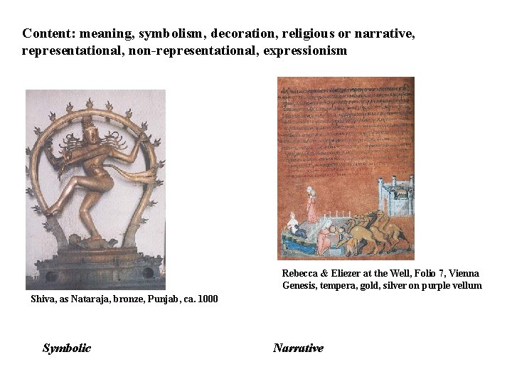 Content: meaning, symbolism, decoration, religious or narrative, representational, non-representational, expressionism Rebecca & Eliezer at