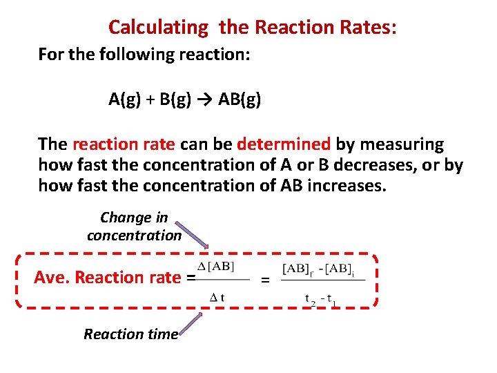 Calculating the Reaction Rates: For the following reaction: A(g) + B(g) → AB(g) The