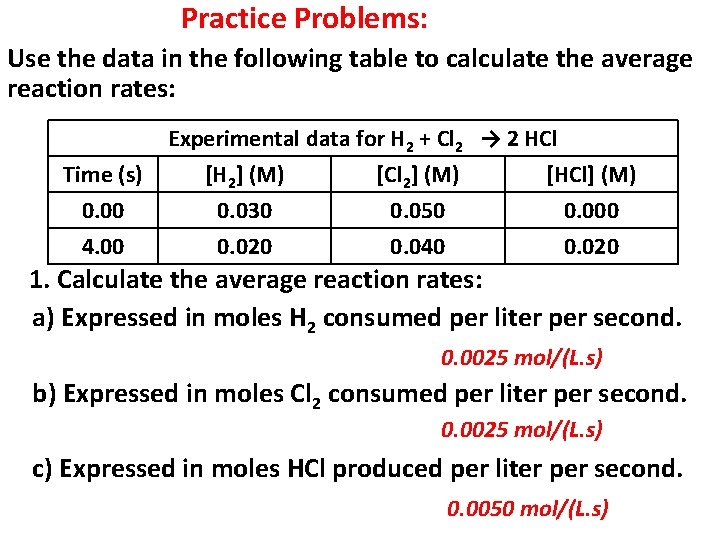Practice Problems: Use the data in the following table to calculate the average reaction