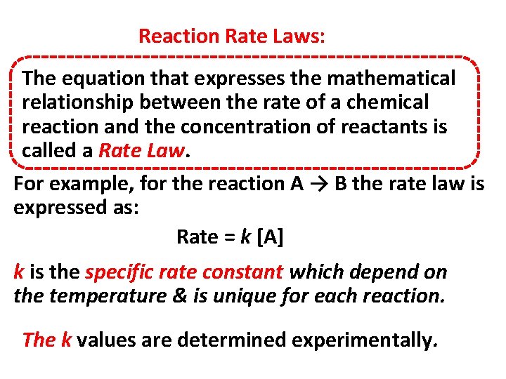 Reaction Rate Laws: The equation that expresses the mathematical relationship between the rate of