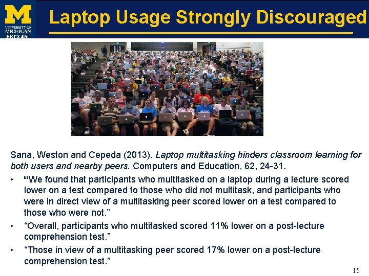 Laptop Usage Strongly Discouraged EECS 496 Sana, Weston and Cepeda (2013). Laptop multitasking hinders