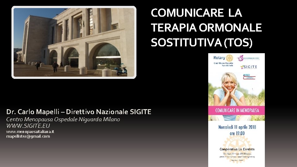 COMUNICARE LA TERAPIA ORMONALE SOSTITUTIVA (TOS) Dr. Carlo Mapelli – Direttivo Nazionale SIGITE Centro