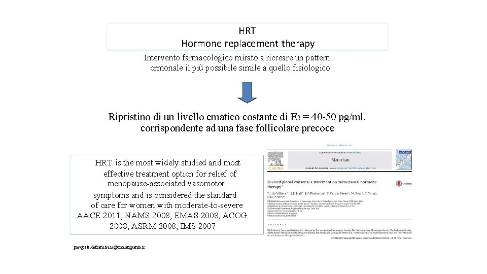 HRT Hormone replacement therapy Intervento farmacologico mirato a ricreare un pattern ormonale il più