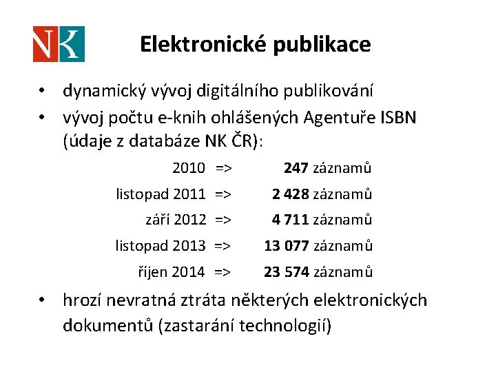 Elektronické publikace • dynamický vývoj digitálního publikování • vývoj počtu e-knih ohlášených Agentuře ISBN