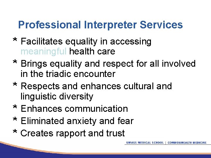 Professional Interpreter Services * Facilitates equality in accessing meaningful health care * Brings equality