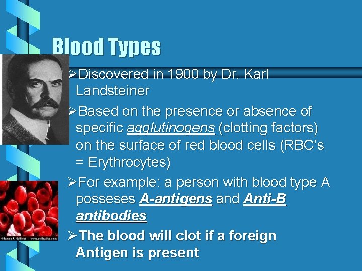 Blood Types ØDiscovered in 1900 by Dr. Karl Landsteiner ØBased on the presence or